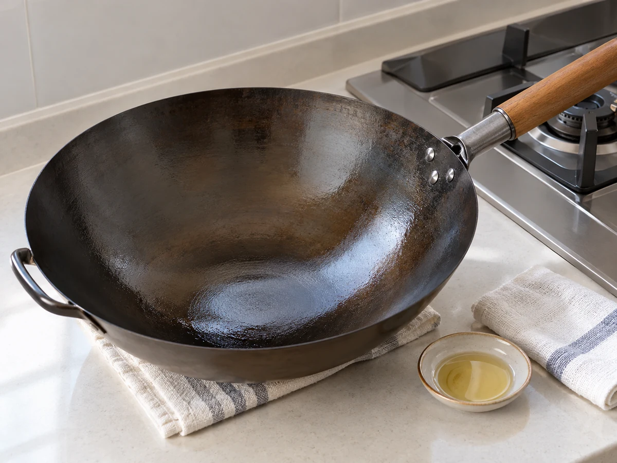A cooled carbon-steel wok beside the hob, brushed clean and wiped with a thin oil film