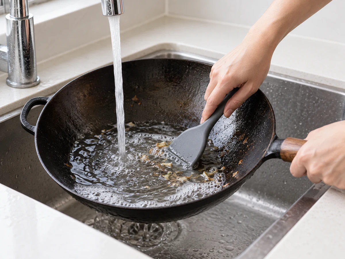 Linisin ang Carbon-steel Wok at Cast-iron Pan nang Hindi Nasasira ang Seasoning: Hand-wash gamit ang maligamgam na tubig
