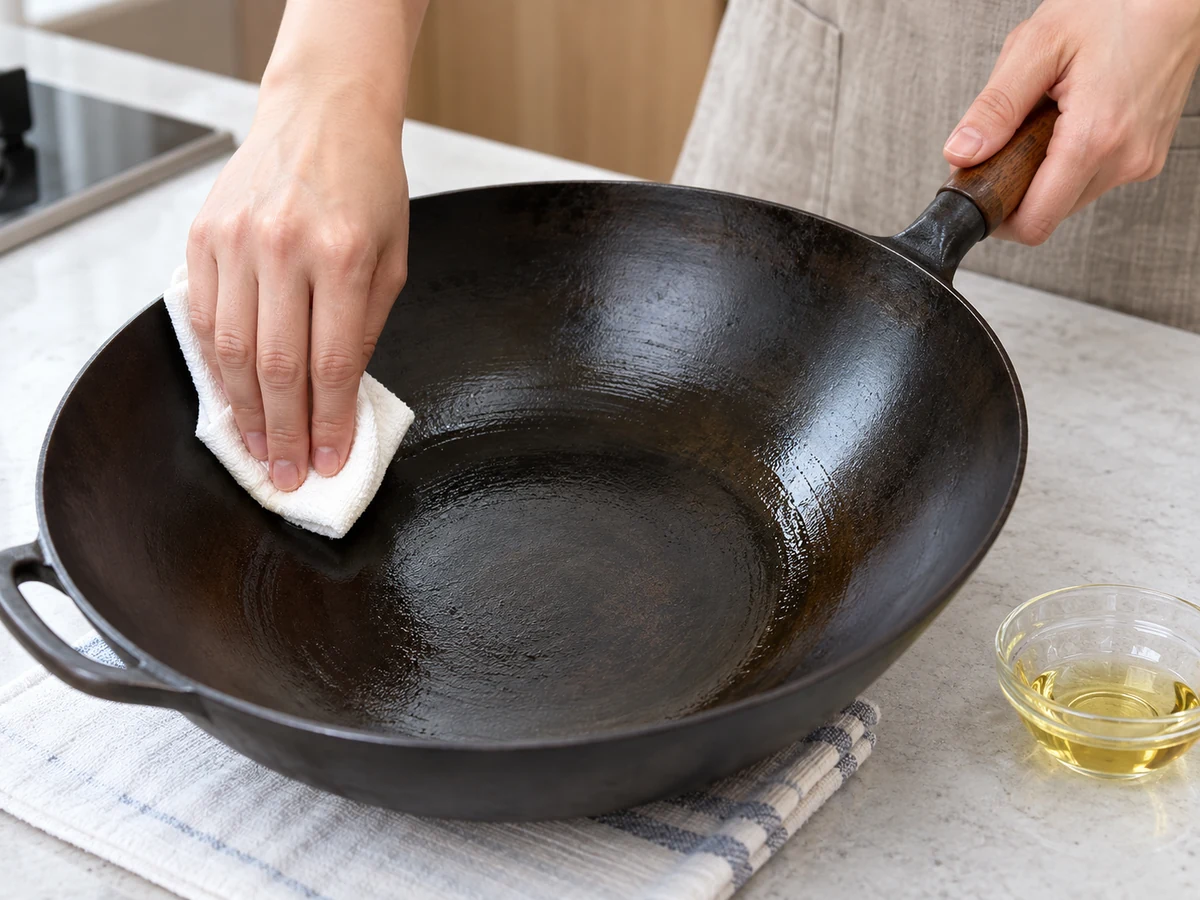 Linisin ang Carbon-steel Wok at Cast-iron Pan nang Hindi Nasasira ang Seasoning: Protektahan ng manipis na langis