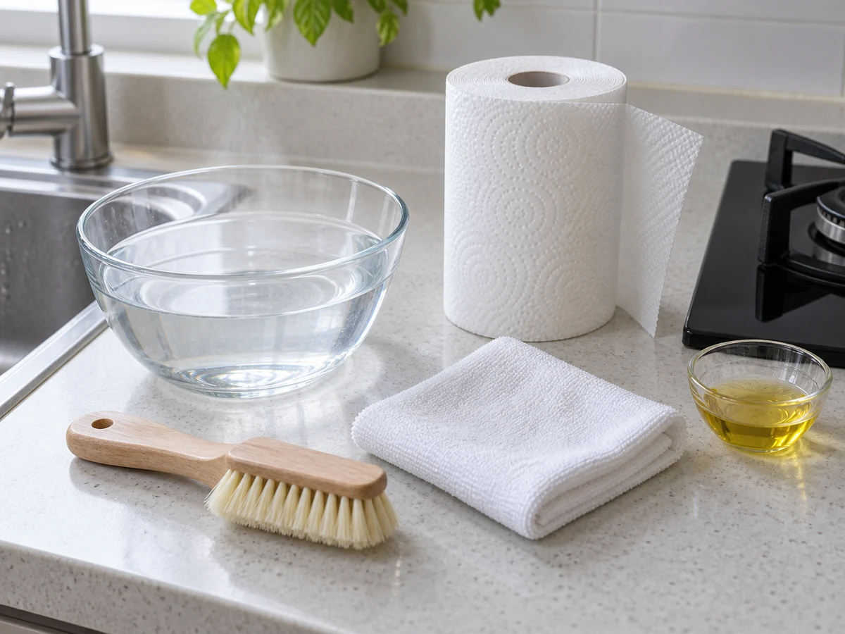 Maligamgam na tubig, non-metal brush, lint-free na basahan, kitchen paper at cooking oil
