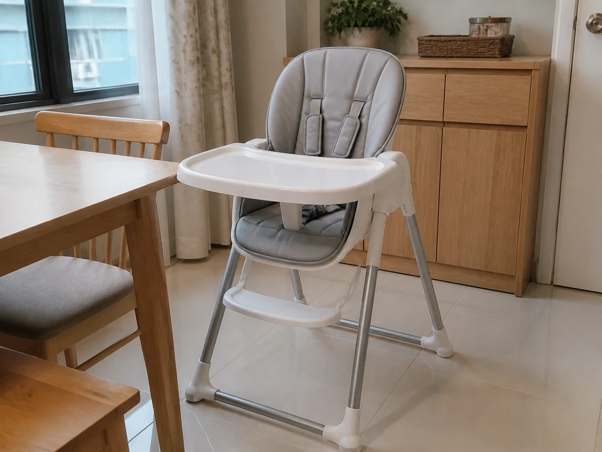 A child high chair with clean dry tray harness and frame