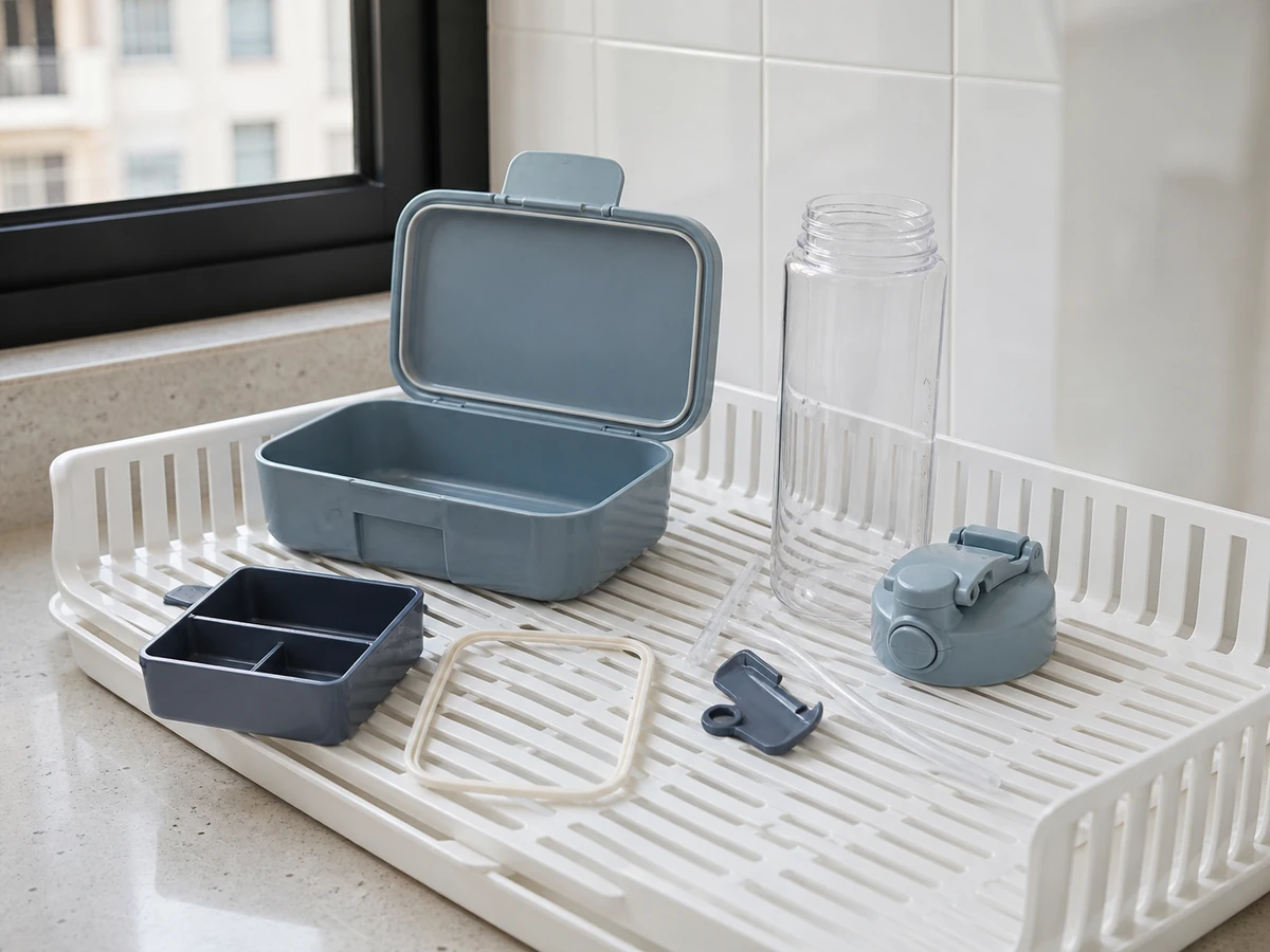 Clean lunch box bottle lid straw and gasket drying separately