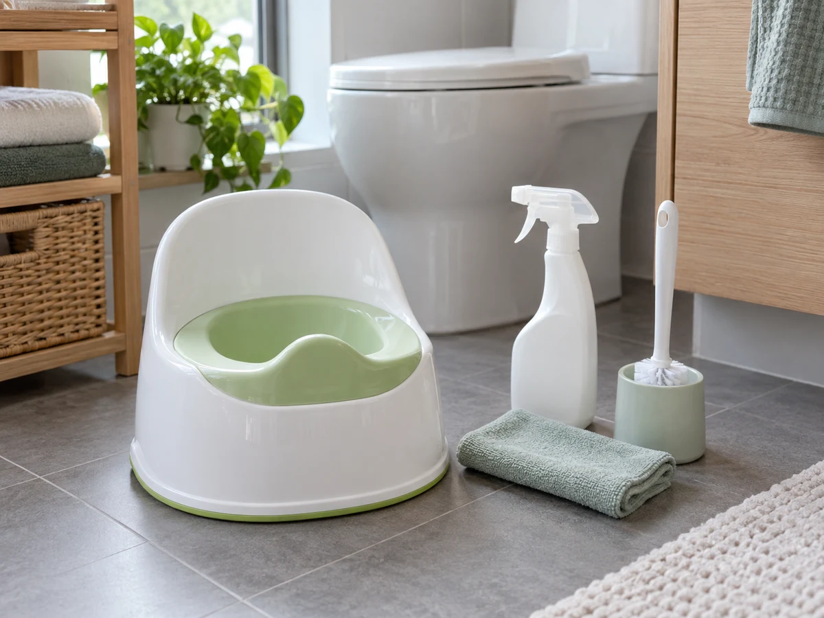 How to Clean a Child Potty after Use — Items safely arranged after cleaning with no visible soil left on the surfaces