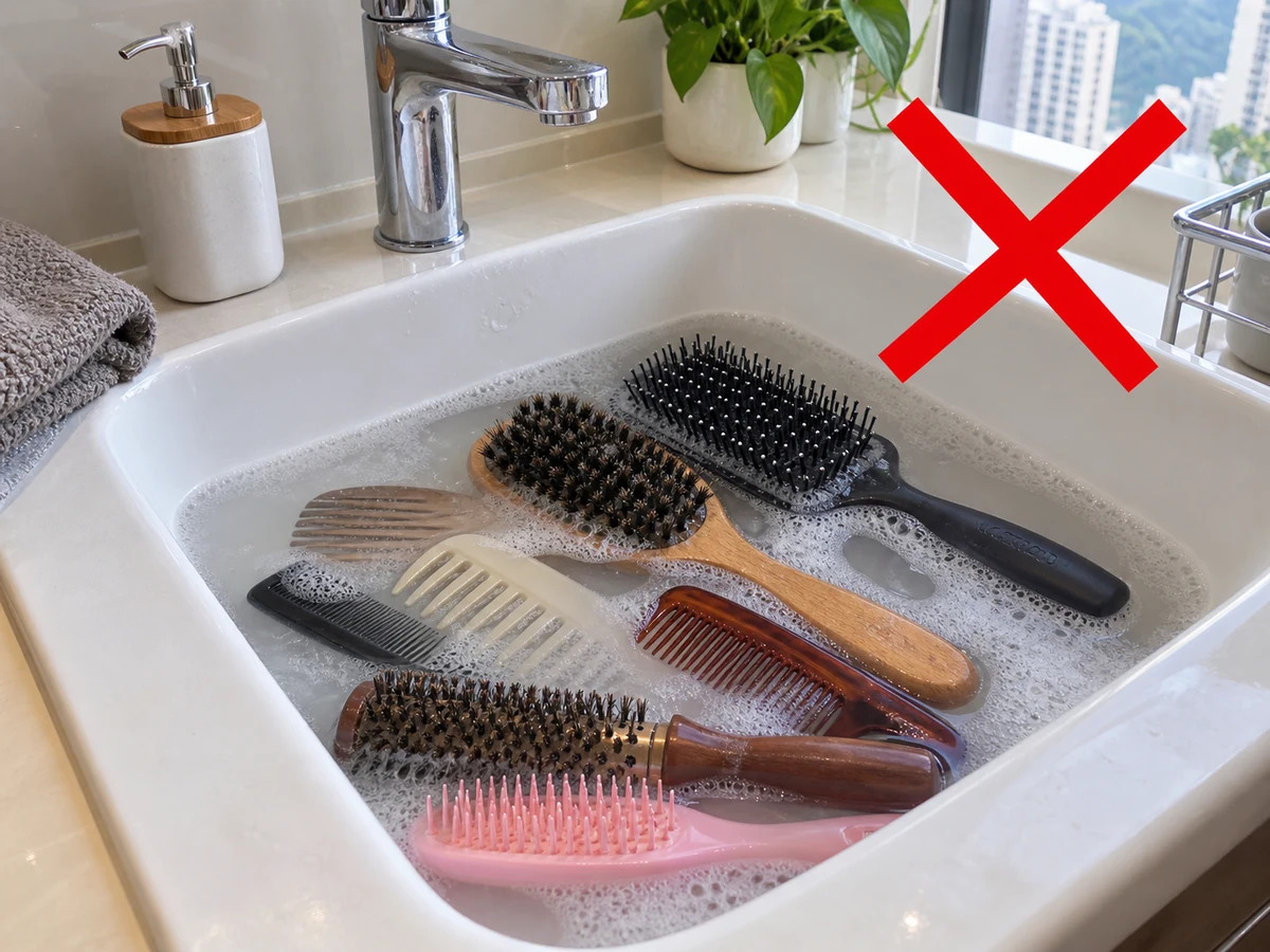 Soaking every material together — Keep owners' tools separate and identify plastic, wooden, cushioned or natural-bristle parts; powered brushes are outside this washing guide.