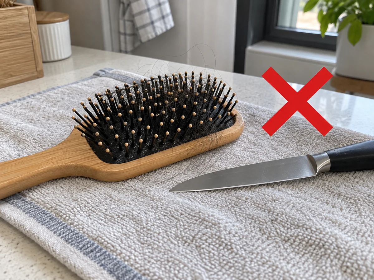 Picking hair out with a sharp knife — Lift trapped hair with a blunt tool along the teeth without tearing bristles or puncturing the cushion.