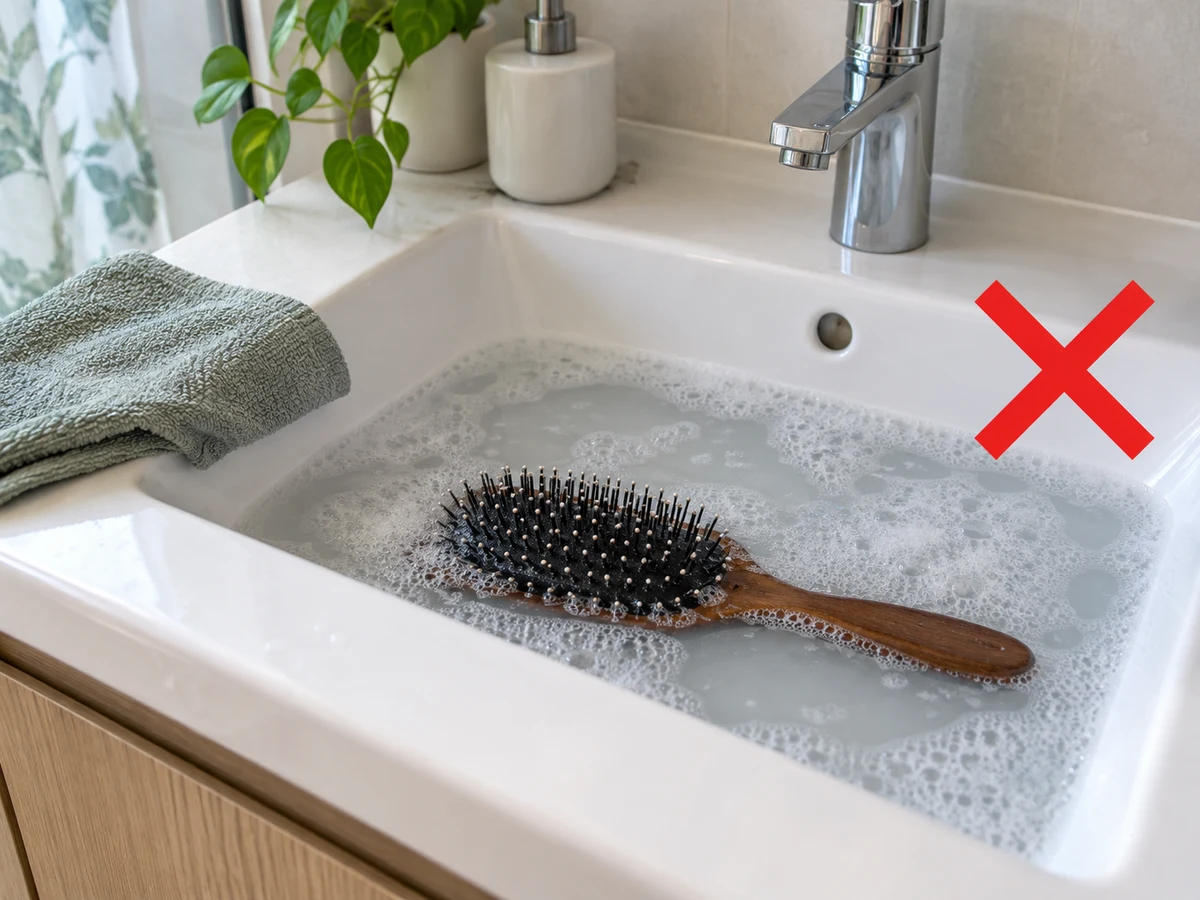 Flooding a brush cushion — Briefly hand-wash all-plastic tools only if allowed; spot-wipe wood, cushions and natural bristles by their instructions without soaking.