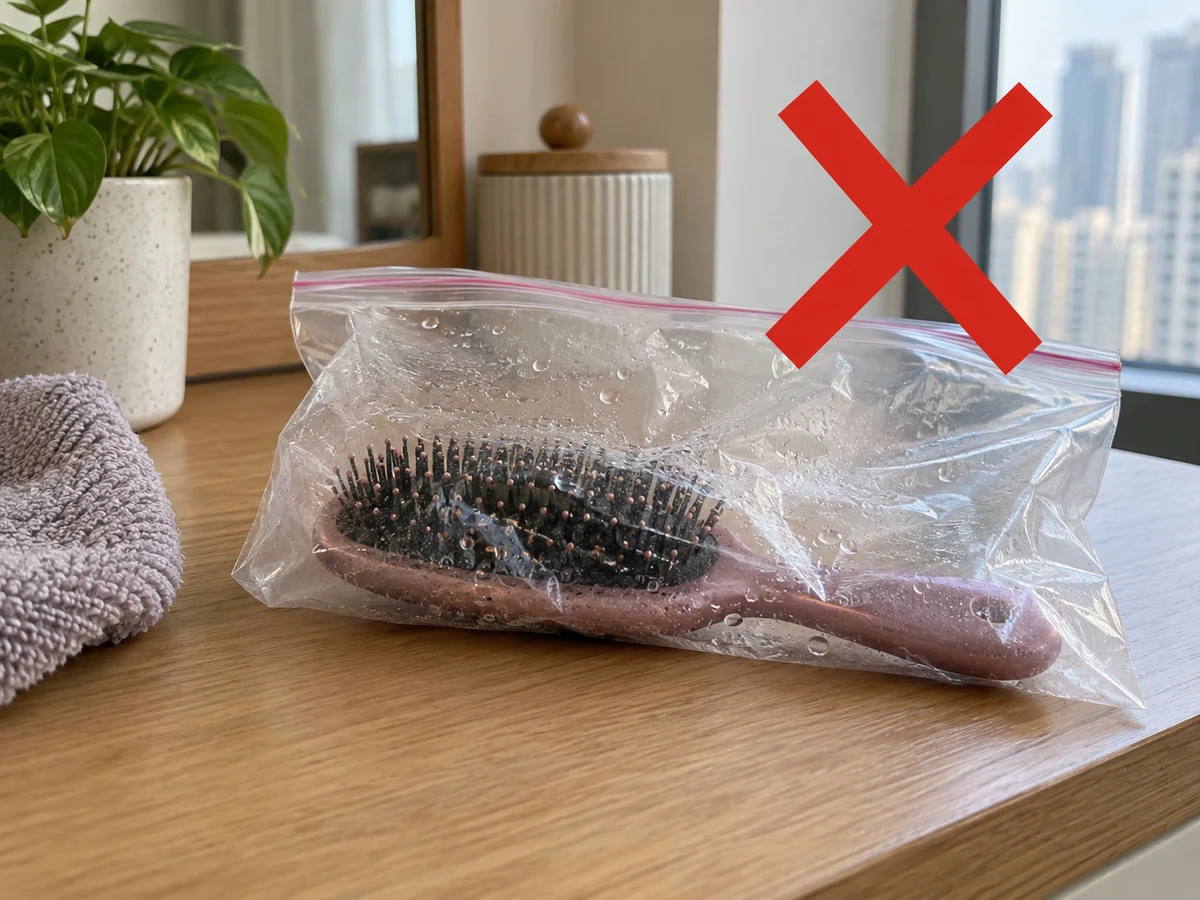 Sealing a damp brush in a bag — Remove cleaner residue, blot moisture and ventilate bristles downward or as directed; dry teeth, cushions and joints fully before storage.