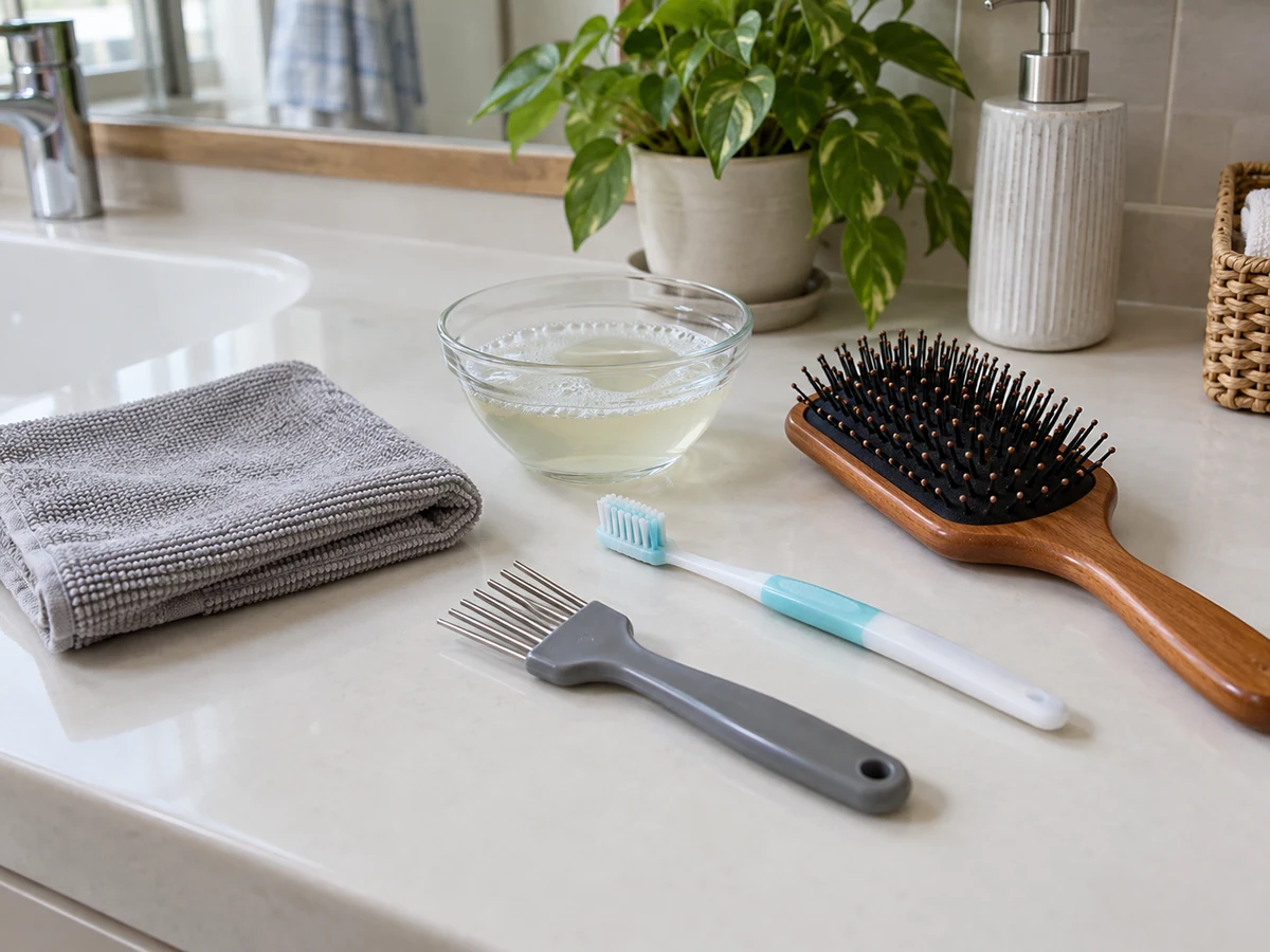 How to Clean Combs and Hairbrushes — Blunt hair-removal tool, Soft toothbrush, Mild cleaner, Absorbent cloth