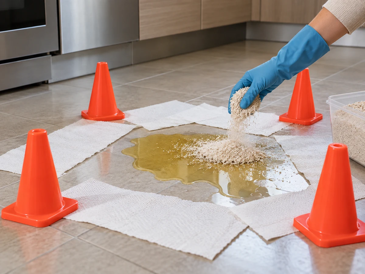 Hard floor with a cooking-oil spill isolated by a warning barrier and absorbent material