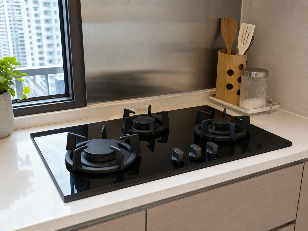 Cool clean glass cooktop with gas burner caps correctly refitted