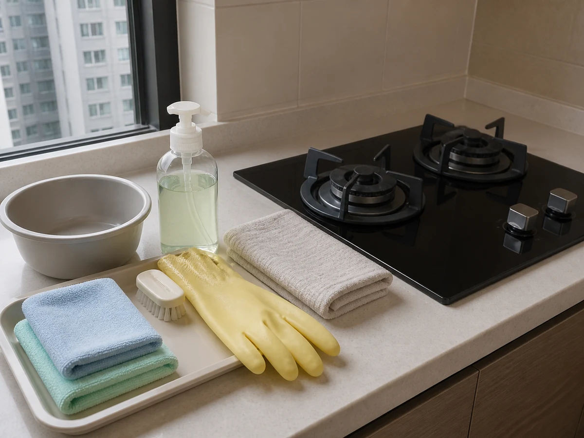 Soft cloths, soft brush, mild dish soap, clean water, and dry towel