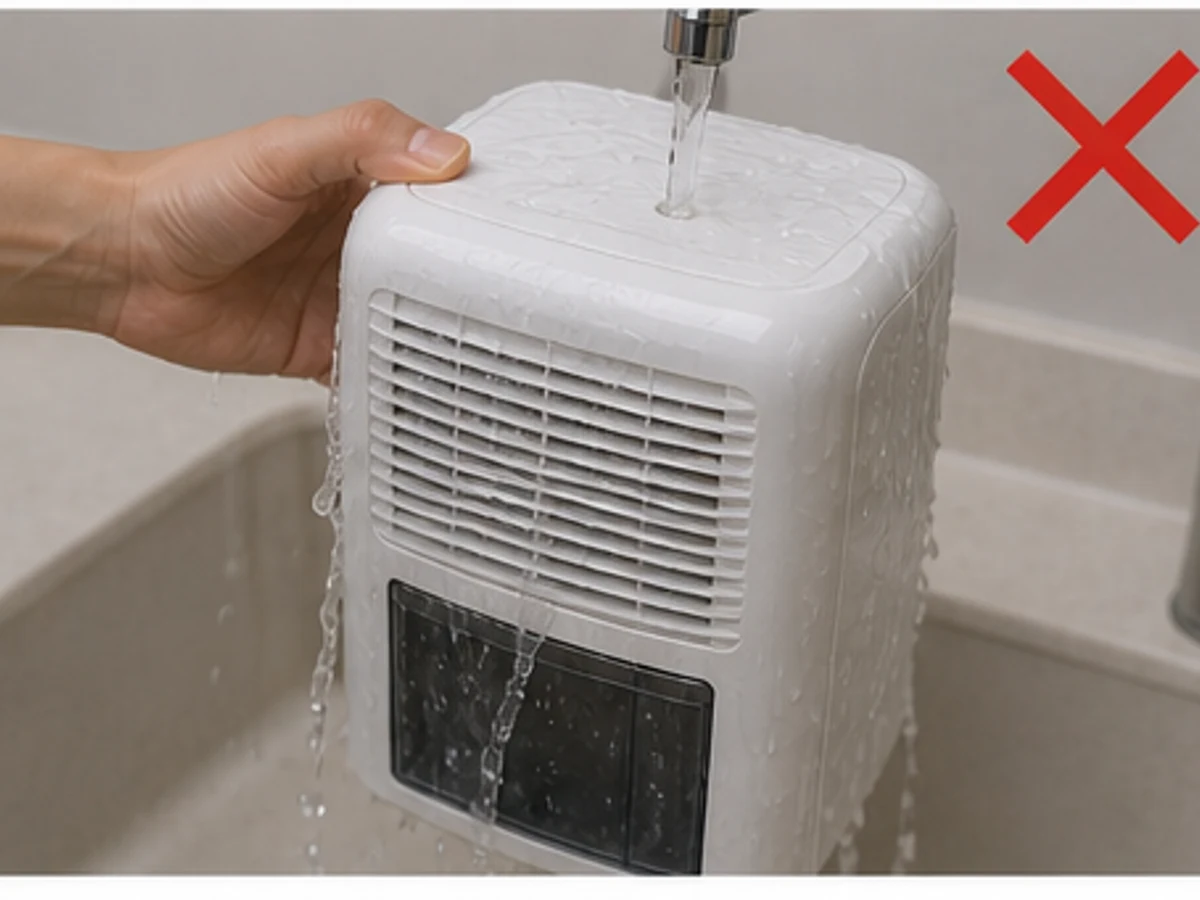 Membilas seluruh dehumidifier — Cuci hanya tangki yang diizinkan.