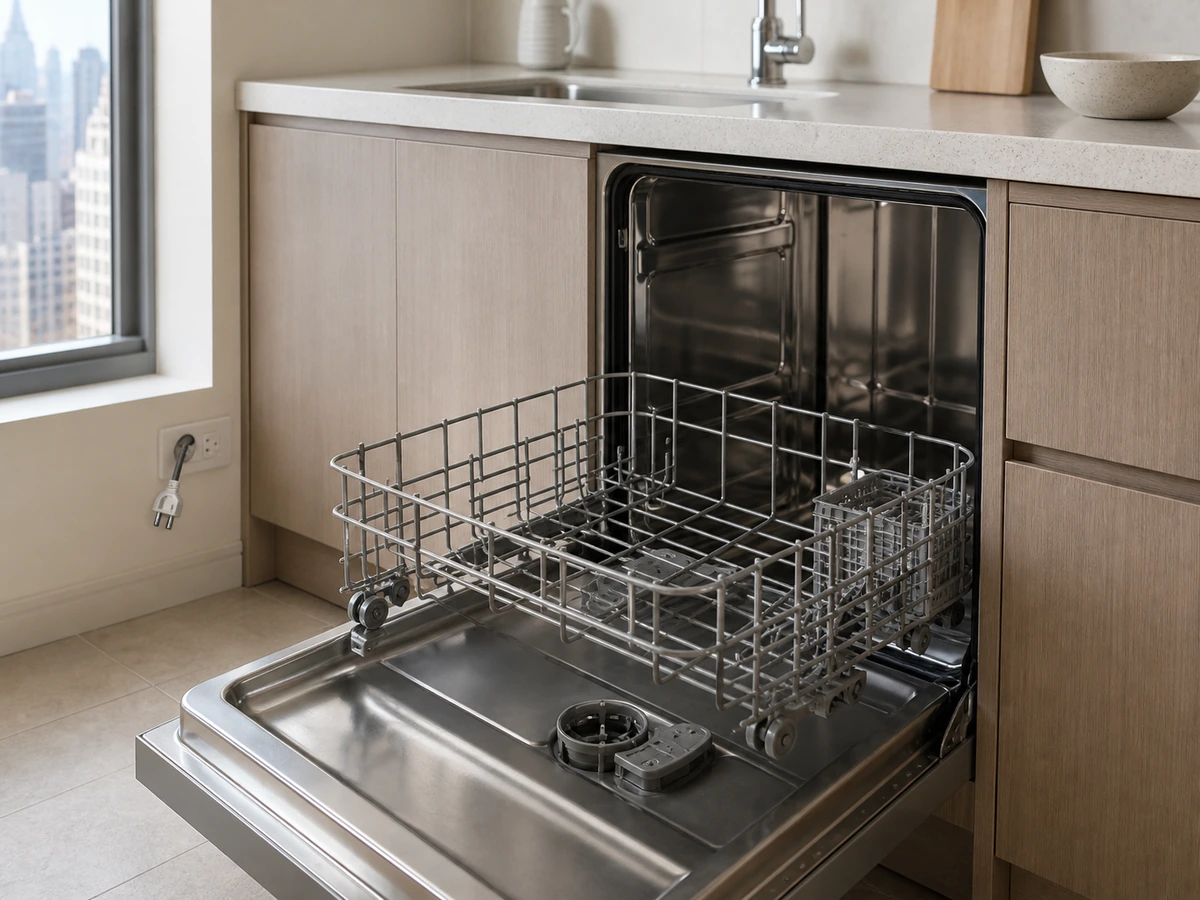 Switched-off dry dishwasher open with lower rack pulled out and clean filter area visible