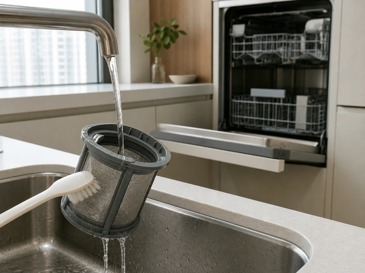 Cara Membersihkan Filter dan Bagian Dalam Dishwasher: Cuci filter