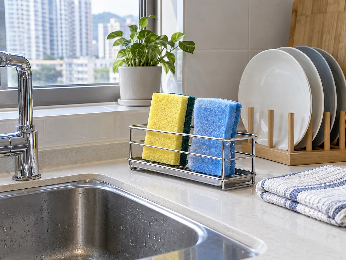 How to Clean, Dry and Replace Dish Sponges — Items safely arranged after cleaning with no visible soil left on the surfaces