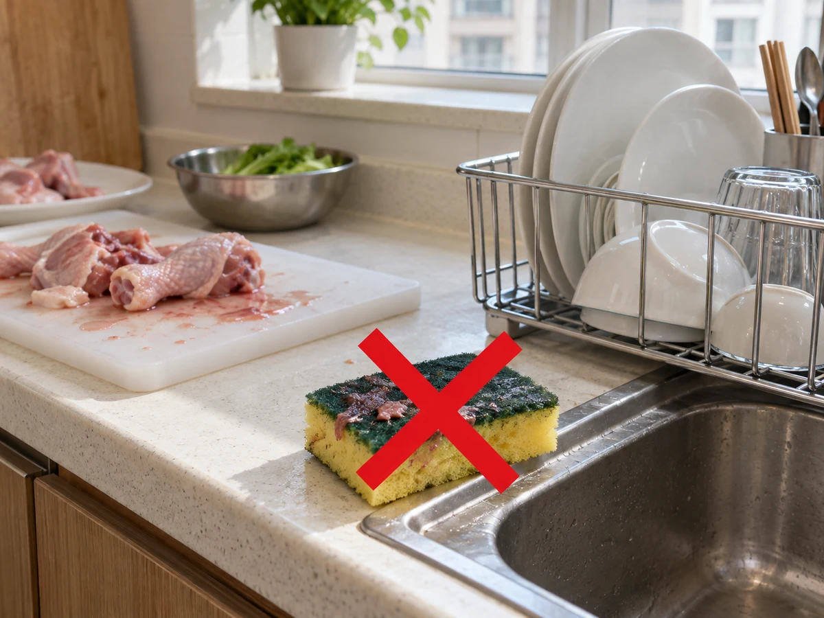 用同一海綿抹生肉汁和餐具 — 接觸生肉汁或其他高污染污物的海綿不要再洗餐具，按家庭衛生安排更換。