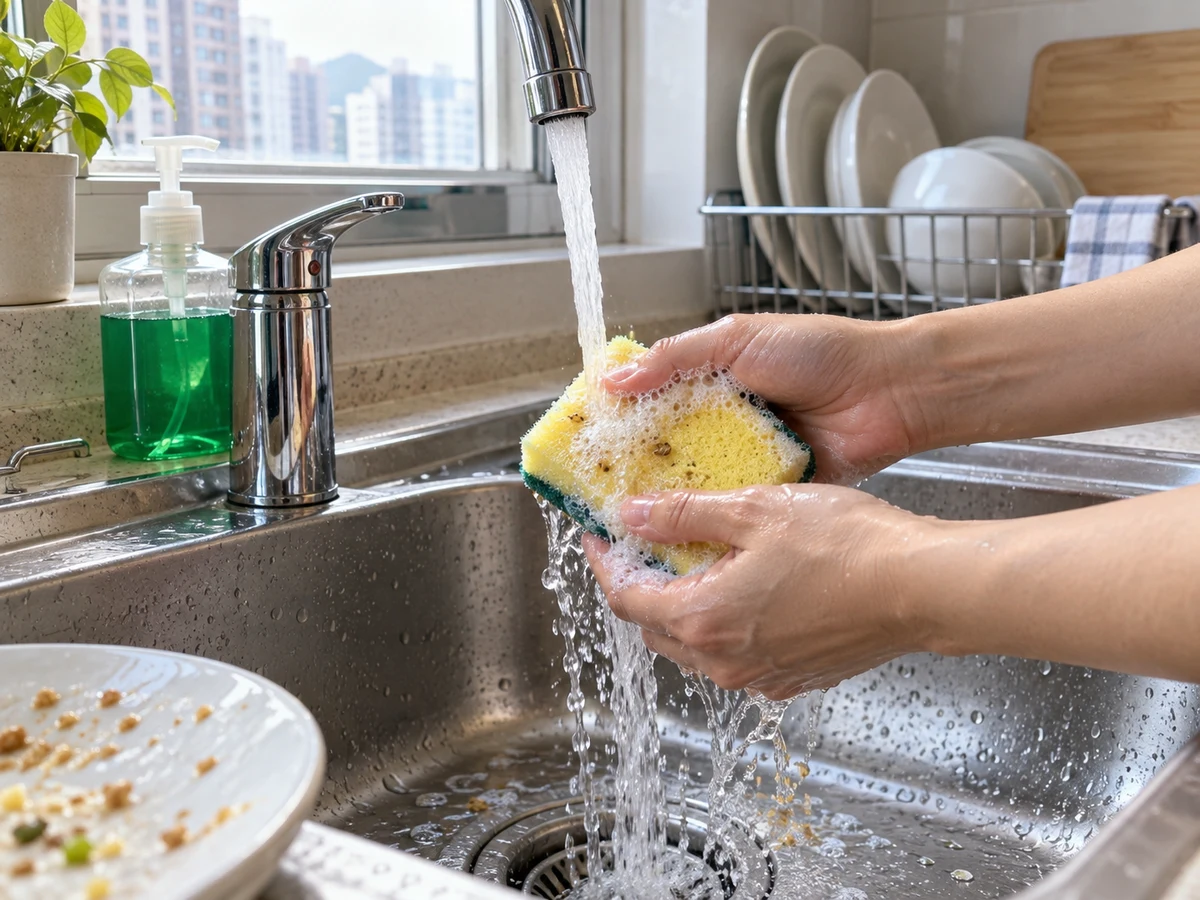 如何清洗、晾乾及更換洗碗海綿？: 沖走食物碎屑