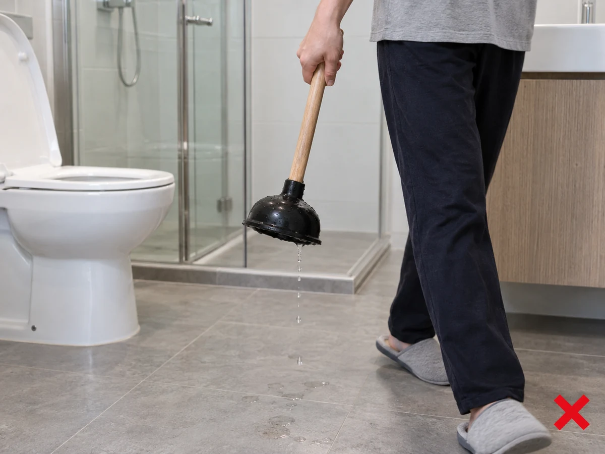 Membawa penyedot yang masih menetes — Tiriskan di toilet dahulu, lalu pindahkan dengan wadah tetes.