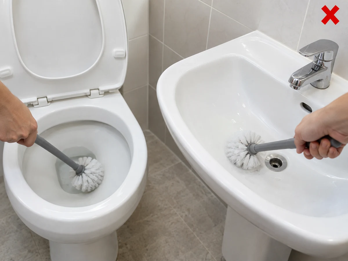 Memakai sikat sama untuk toilet dan wastafel — Khususkan alat toilet untuk zona toilet.