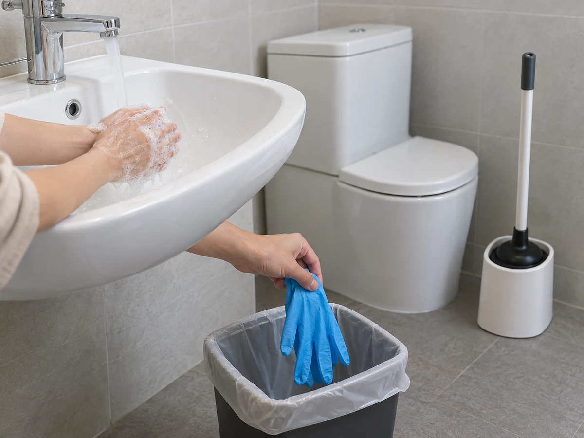 Cara Membersihkan, Mengeringkan, dan Menyimpan Penyedot Toilet: Bersihkan atau buang sarung tangan sesuai label, cuci tangan, lalu simpan penyedot kering tegak dalam penyangga khusus