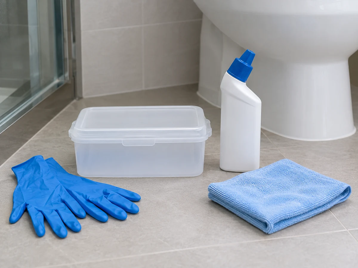 Cara Membersihkan, Mengeringkan, dan Menyimpan Penyedot Toilet — Sarung tangan nitril, Wadah tetes bertutup, Pembersih khusus toilet, Kain pengering khusus toilet