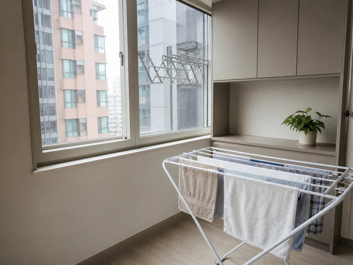 探出窗外觸及外置晾衣架 — 外置晾衣架不處理,只用室內安全可及部分。