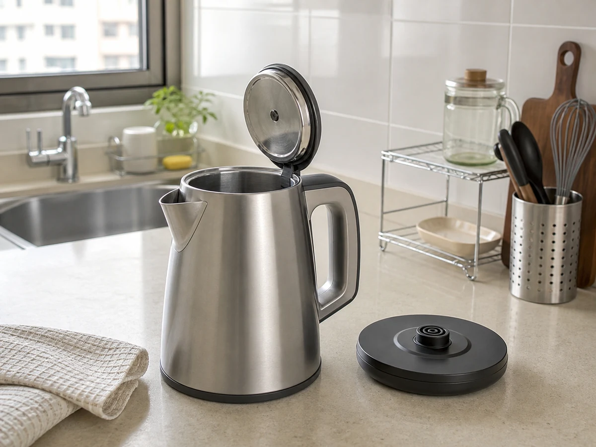 Unplugged descaled electric kettle with a completely dry body and power base