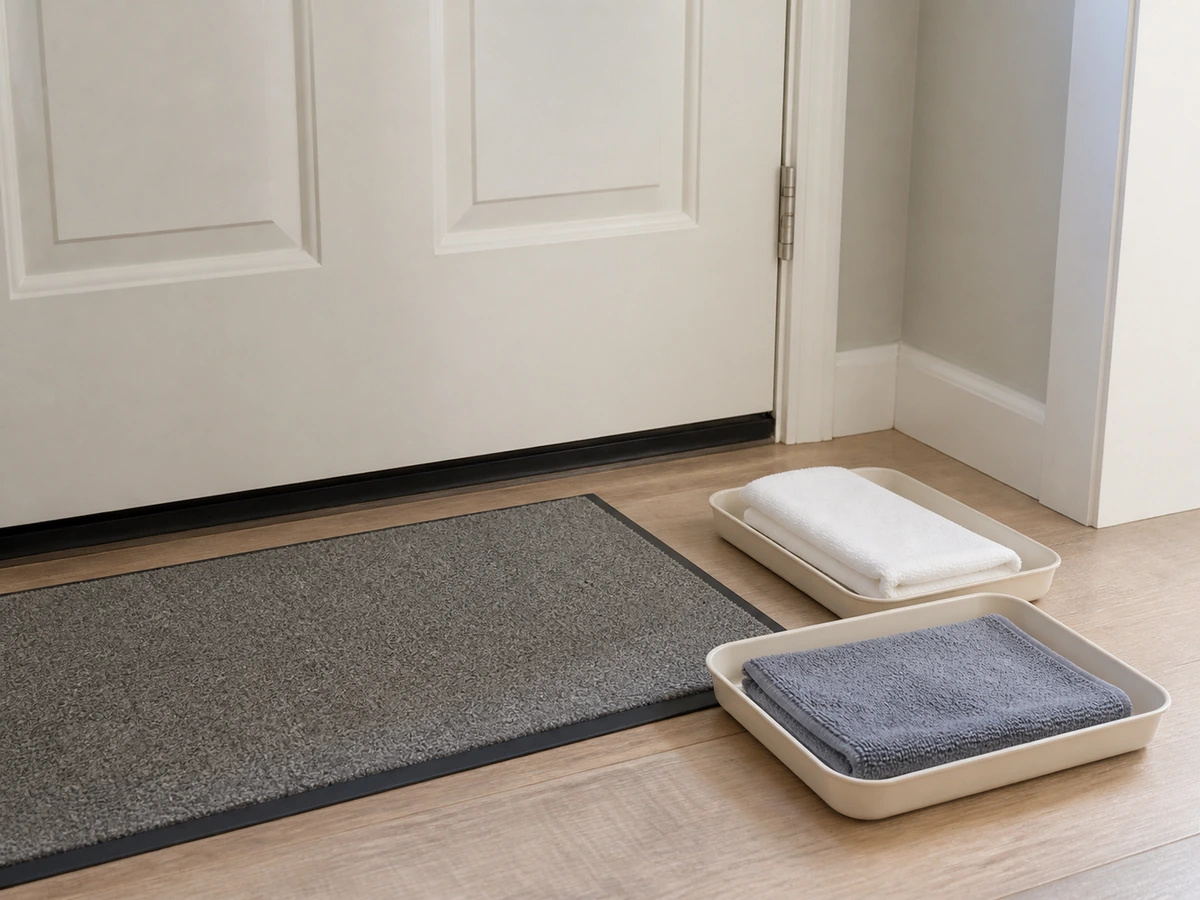 Soaking a door or wood threshold — Use a wrung cloth and dry joints immediately.