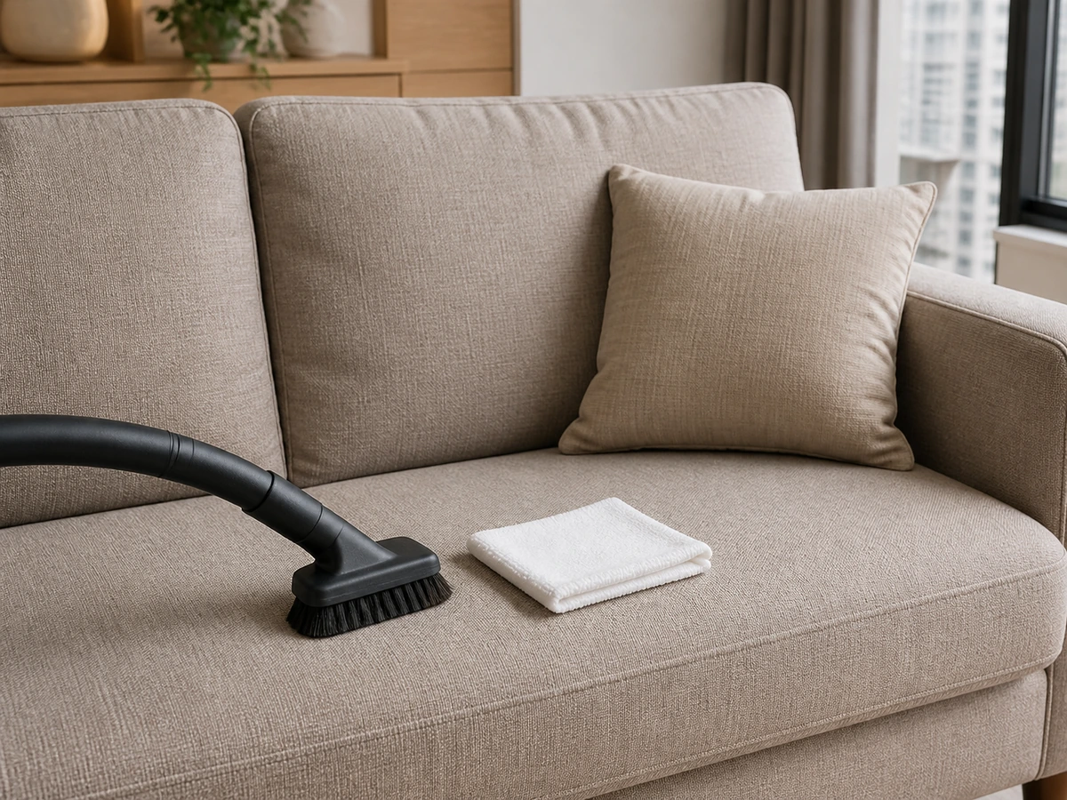 Dry fabric sofa with white cloths and a soft vacuum attachment