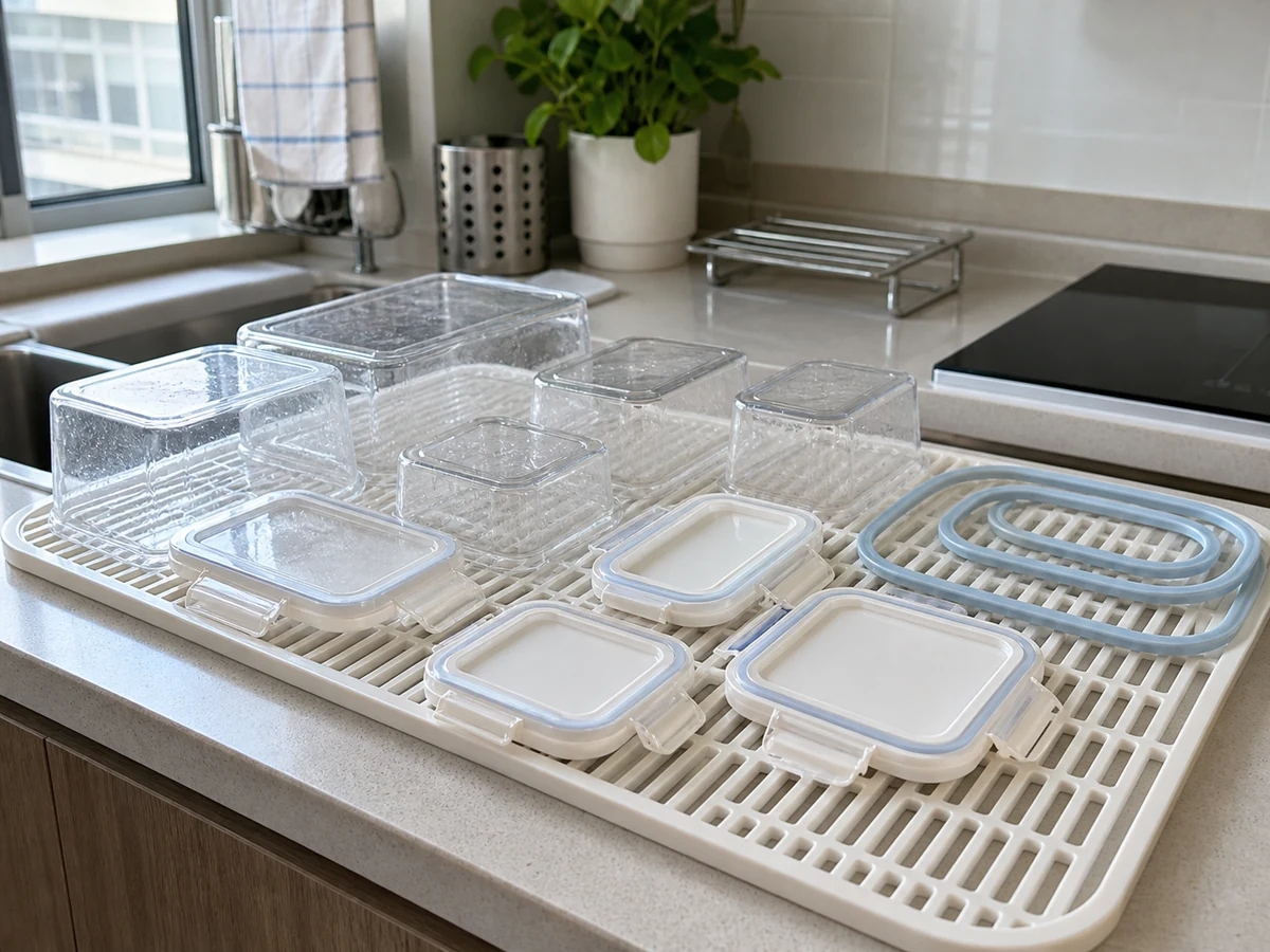 Washed food containers, lids, and seals separated on a rack to dry fully