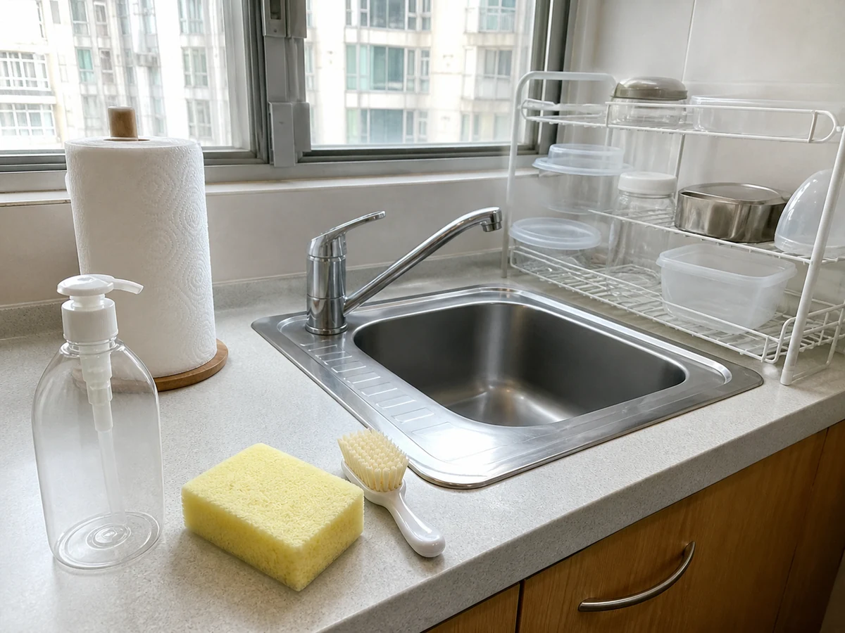 Dish soap, soft sponge, small soft brush, running water, paper towels, and drying rack