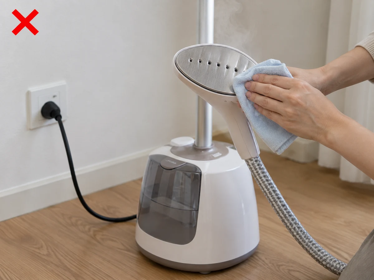 Cleaning before unplugging and cooling — Switch off, unplug and wait for full cooldown first.