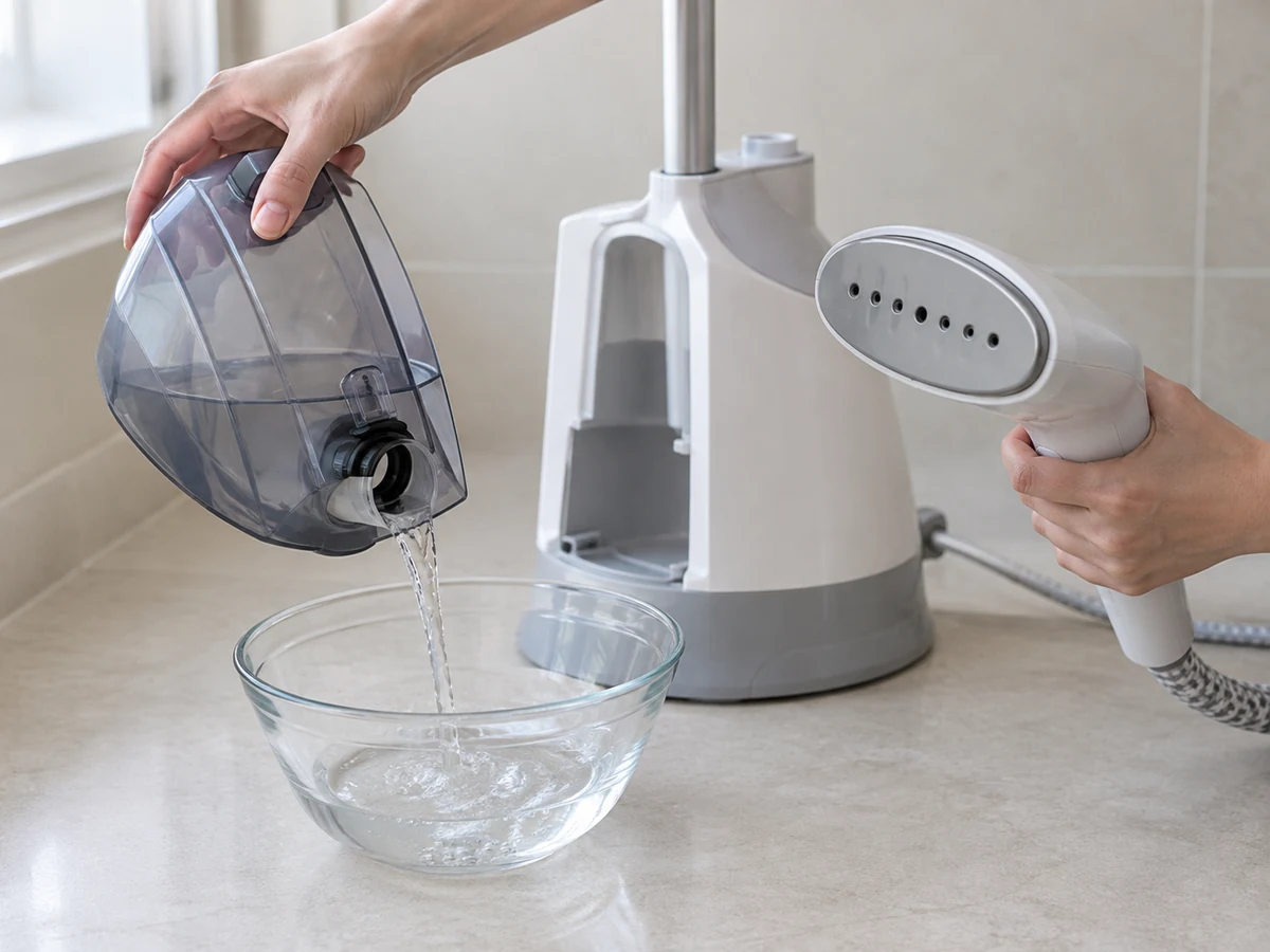 Clean a Garment Steamer Tank and Head by Model: Remove only maker-approved removable parts and drain leftover water into a container