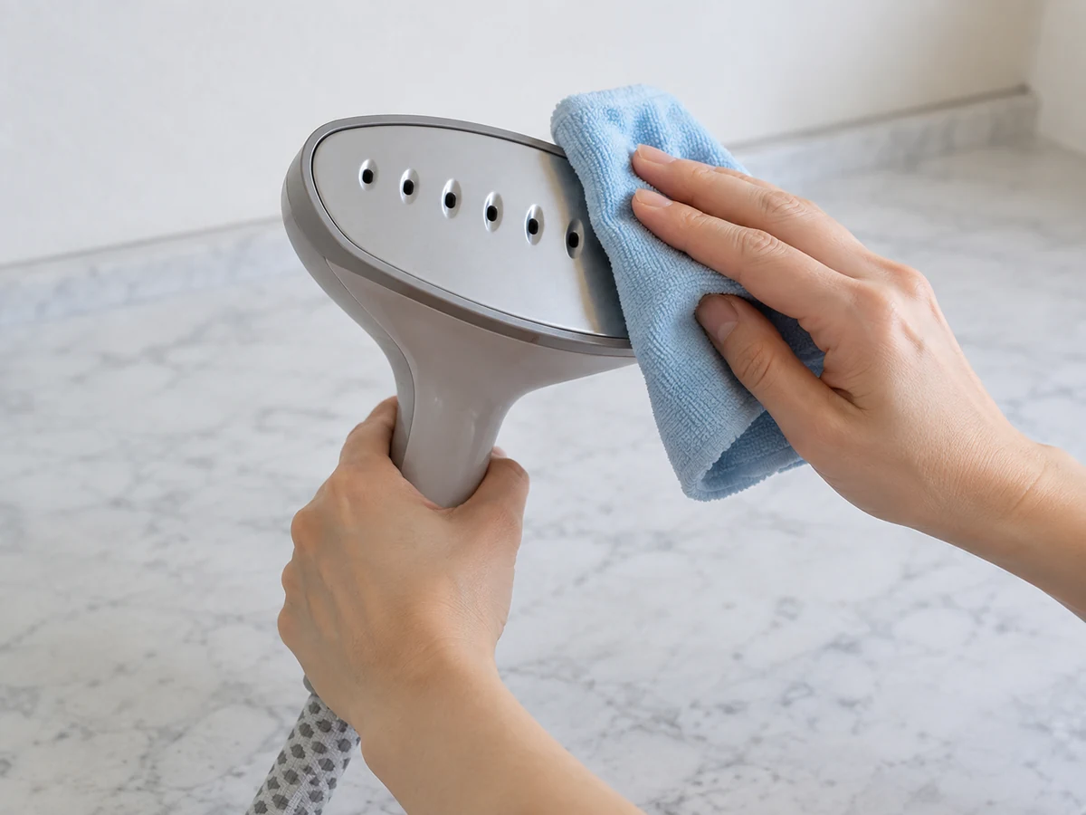 Clean a Garment Steamer Tank and Head by Model: Wipe the outside of the steam head with a barely damp soft cloth