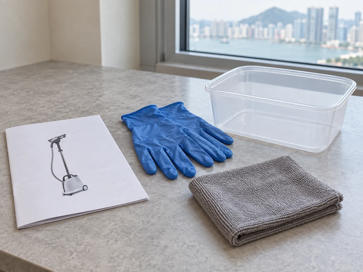 Clean a Garment Steamer Tank and Head by Model — Model manual, Nitrile gloves, Soft cloth, Drain container