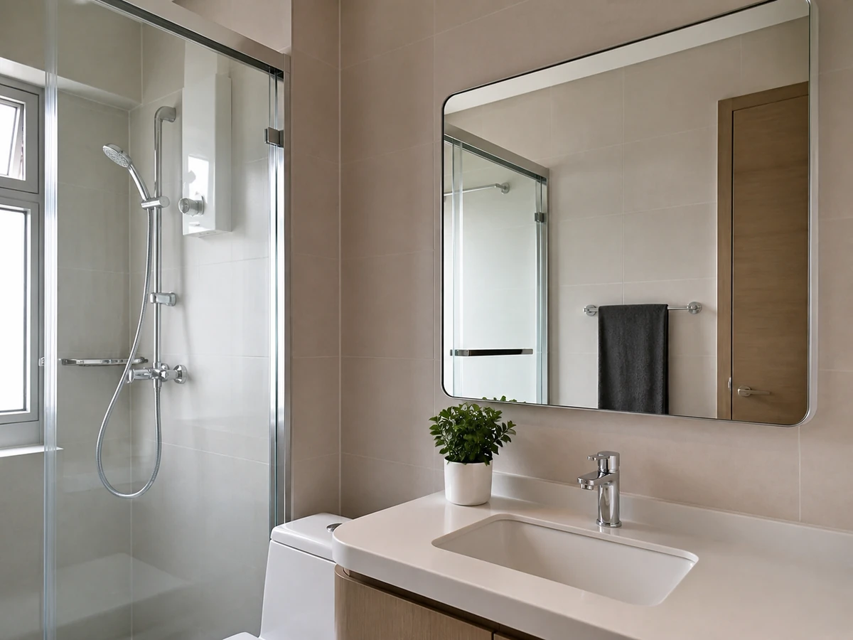 A clean bathroom mirror and glass surface without visible streaks