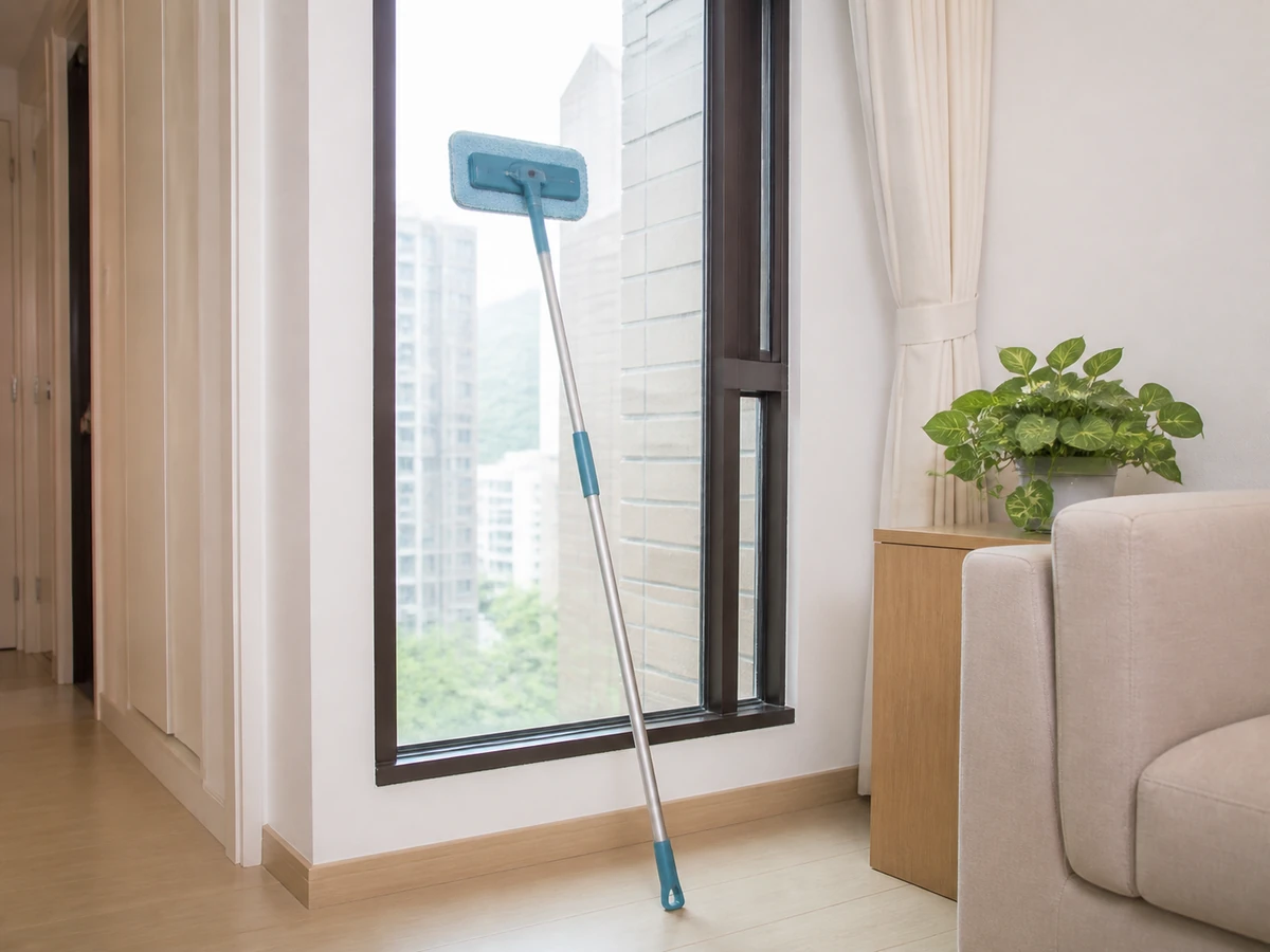 Standing on a chair or sill to reach high glass. — Clean only floor-reachable areas; arrange a properly equipped person for high work.