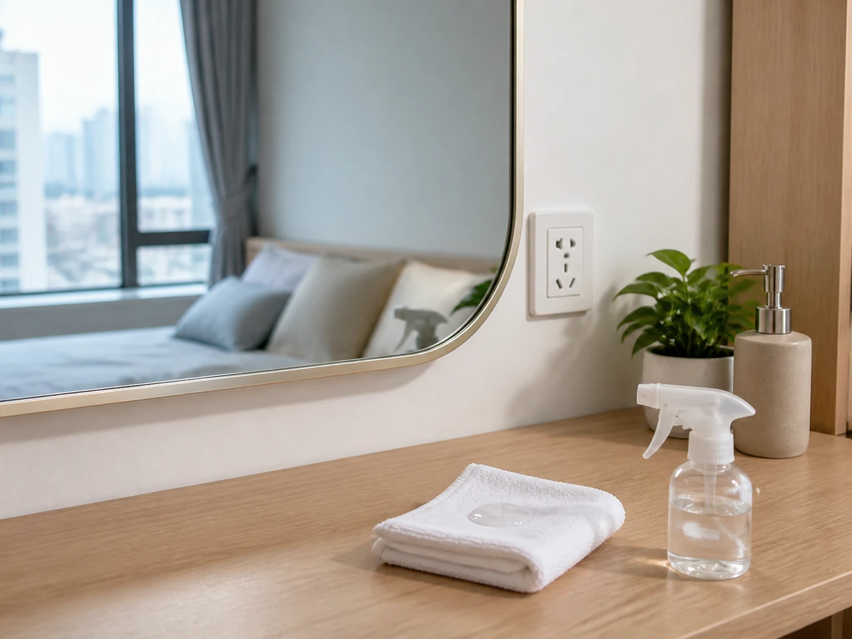 Spraying heavily toward mirror edges or electrics. — Put a small amount on the cloth and avoid seals, sockets and appliances.