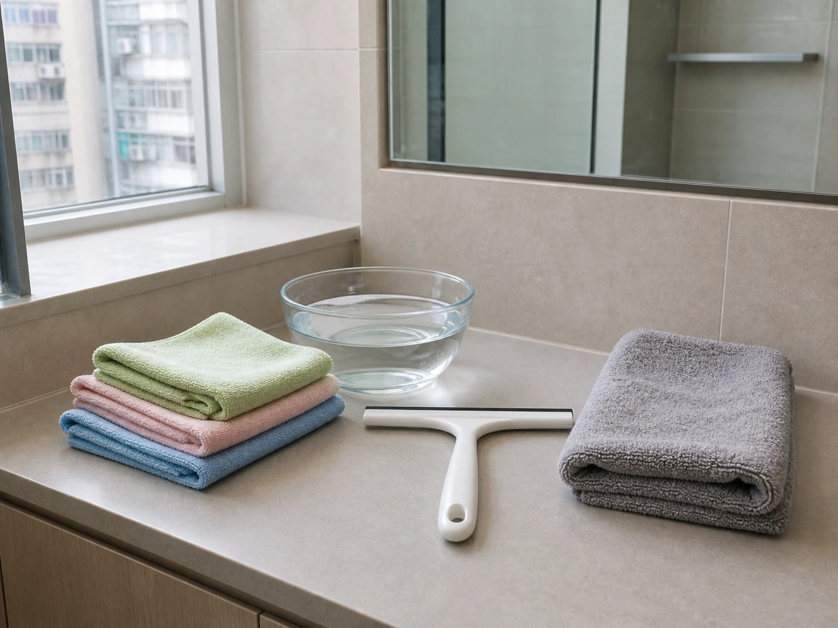 Microfibre cloths, clean water, a squeegee and label-approved glass cleaner