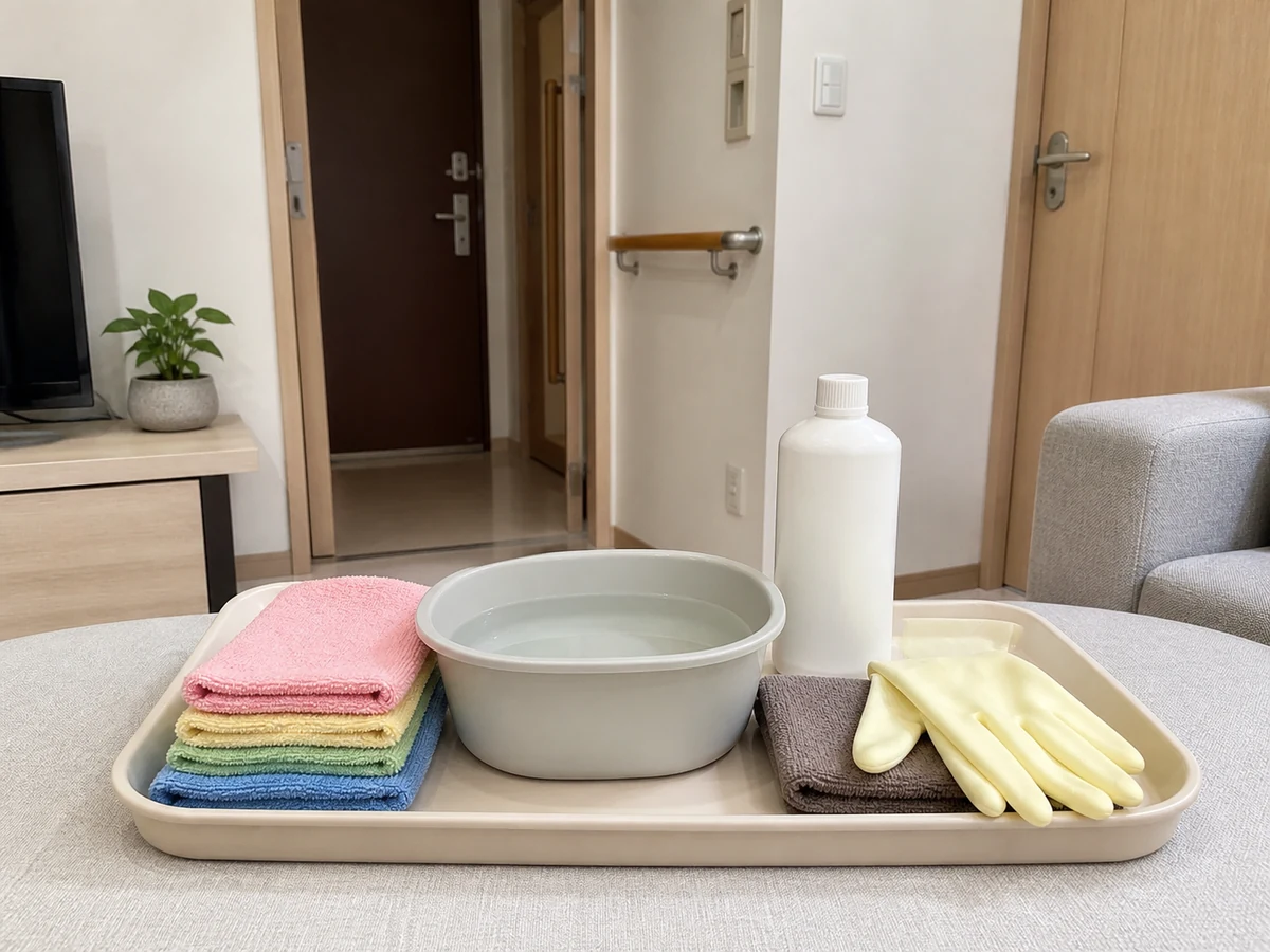 Neatly arranged household tools for how to clean handrails and high-touch surfaces
