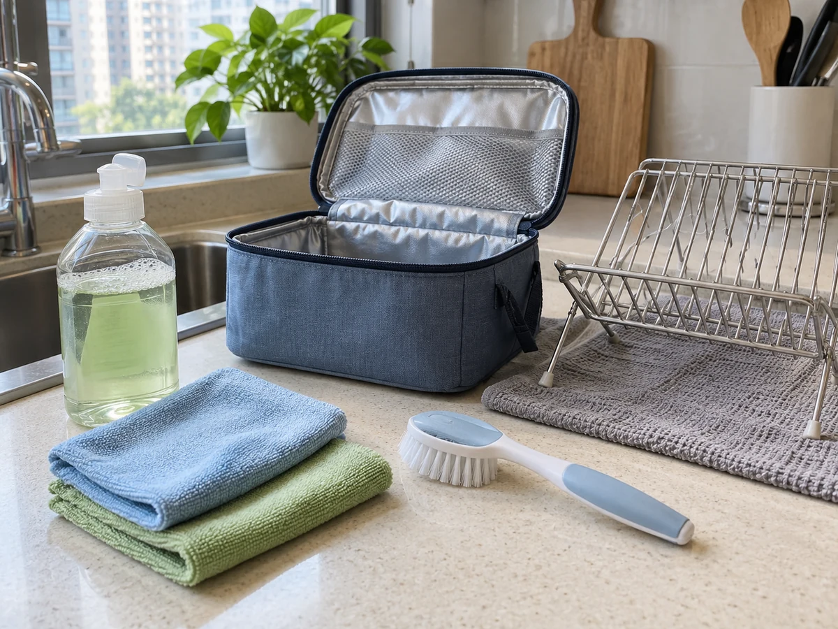 Cara Membersihkan Tas Bekal Berinsulasi — Kain lembut, Deterjen cuci piring lembut, Sikat kecil lembut, Rak pengering