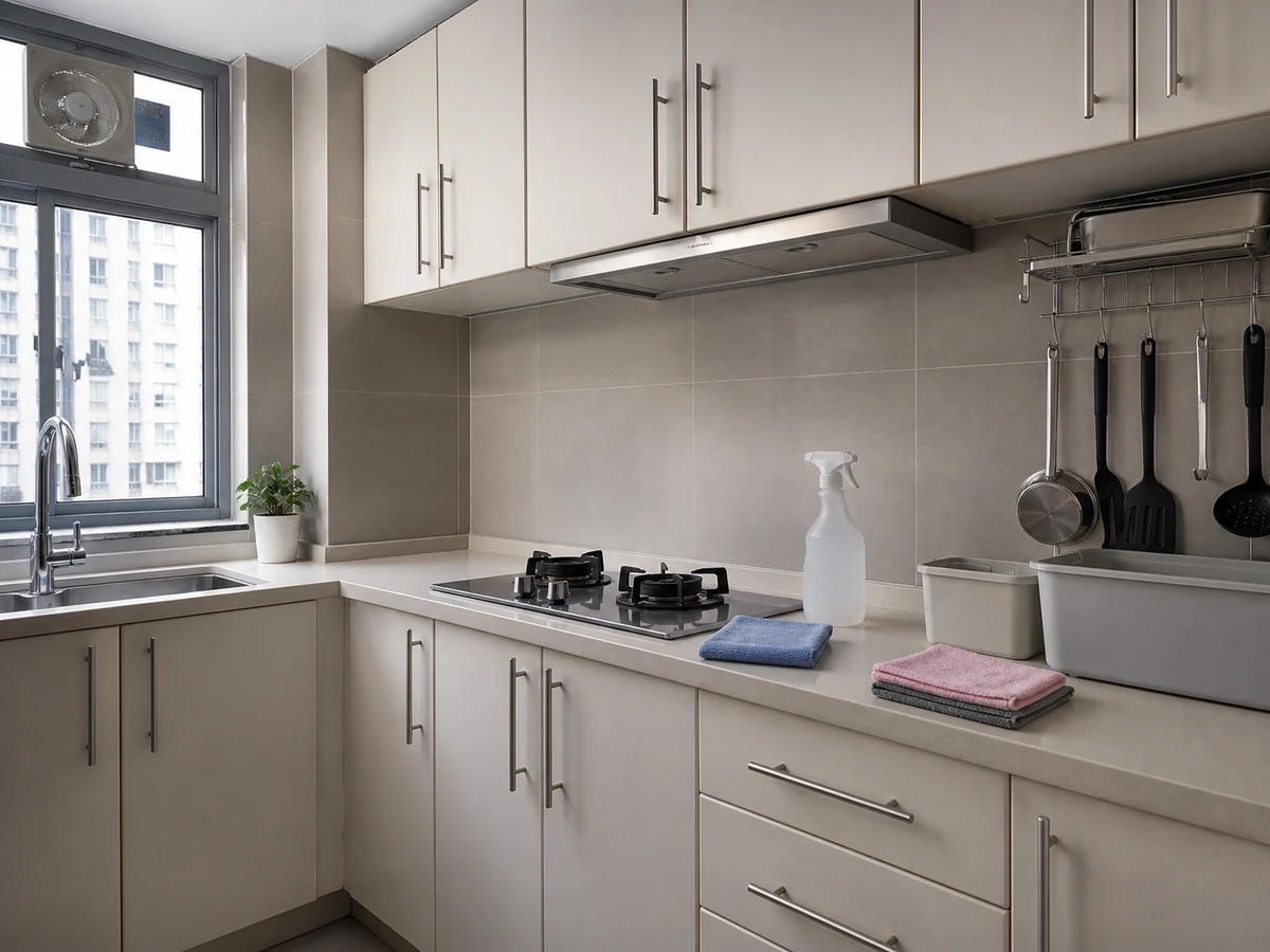 Clean dry kitchen cabinet doors and handles with no greasy film