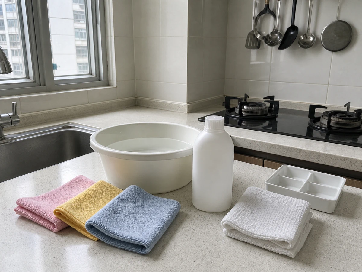 Soft cloths, warm water, mild non-abrasive detergent, and dry cloth