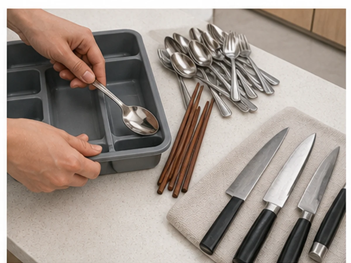 Cara Membersihkan Laci Dapur dan Baki Alat Makan: Kosongkan dan pisahkan alat