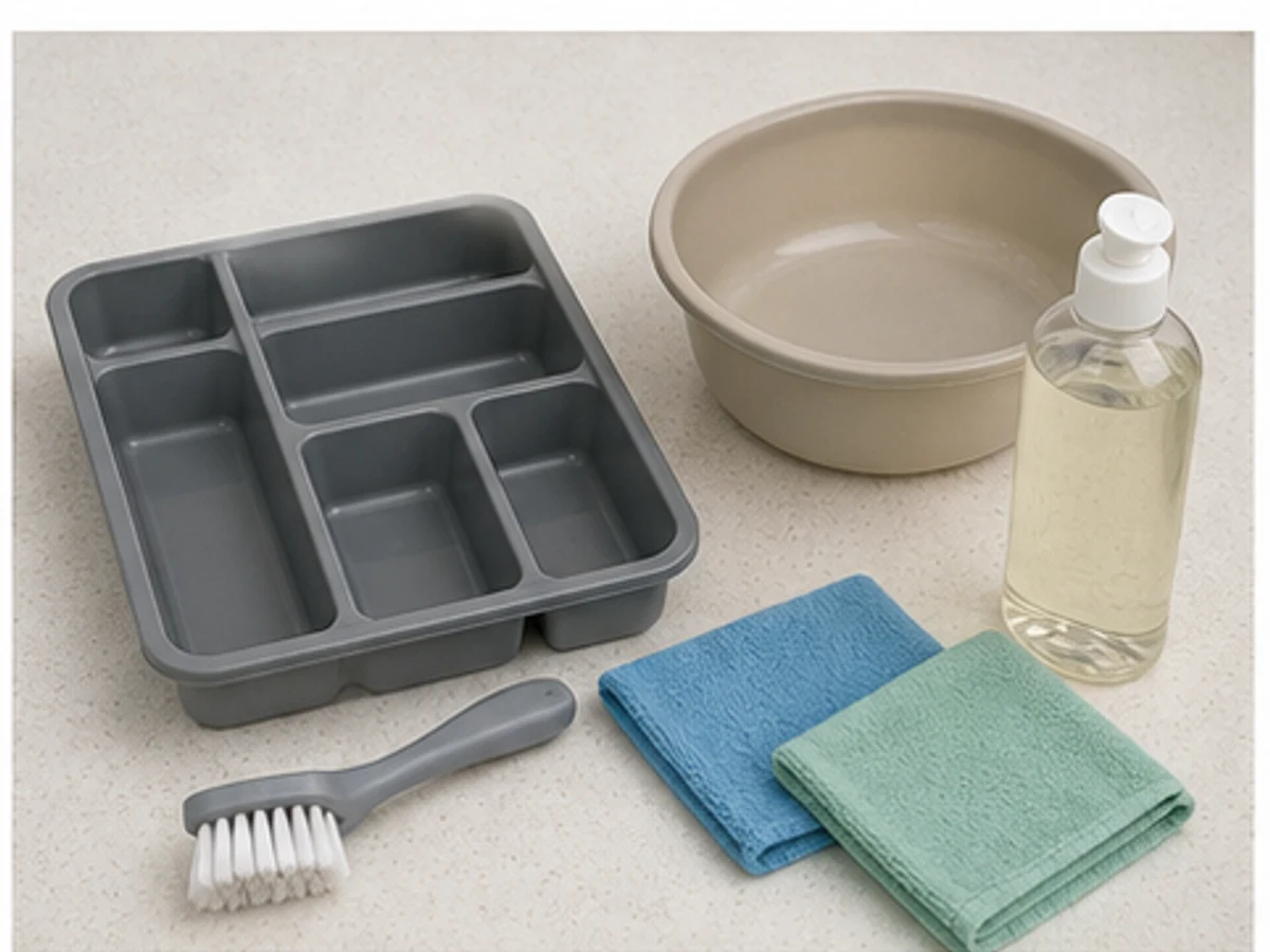 Cara Membersihkan Laci Dapur dan Baki Alat Makan — separate compatible cleaning tools