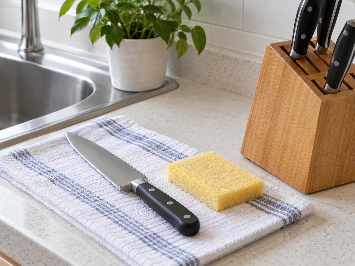 One kitchen knife with its edge facing away, dried beside a soft sponge and knife block