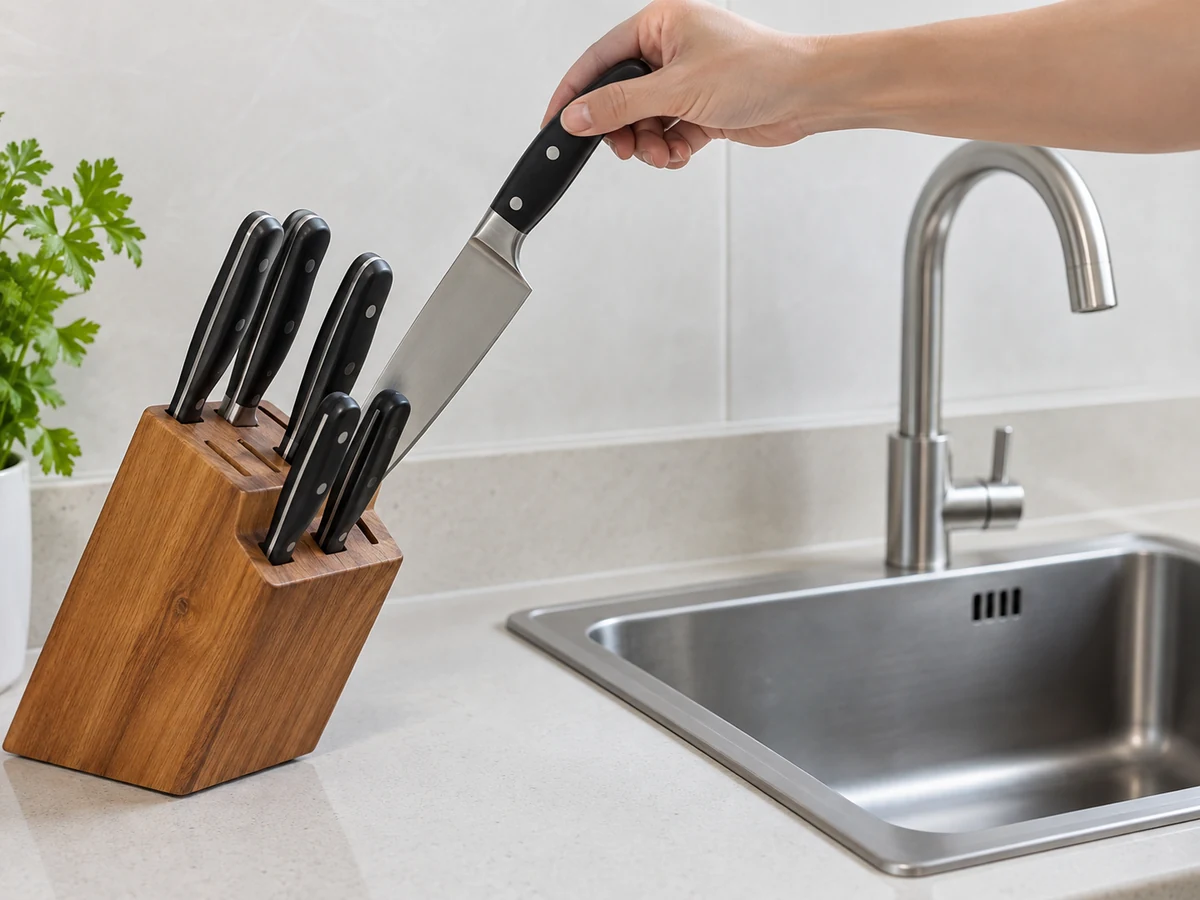 Linisin nang Ligtas ang Kitchen Knives at Knife Block: Ilabas at kontrolin ang kutsilyo