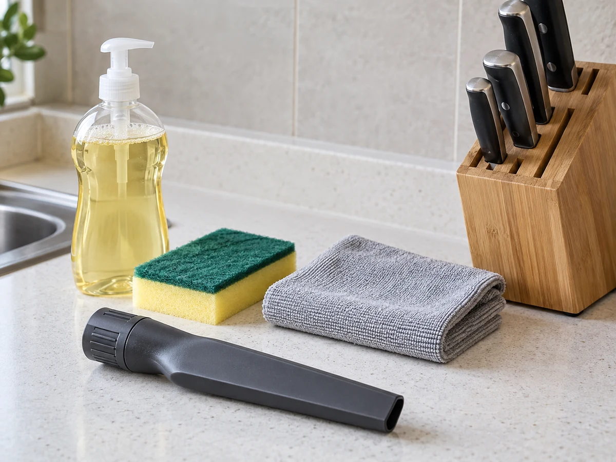 Mild soap, malambot na espongha, tuyong basahan, vacuum crevice tool at knife block