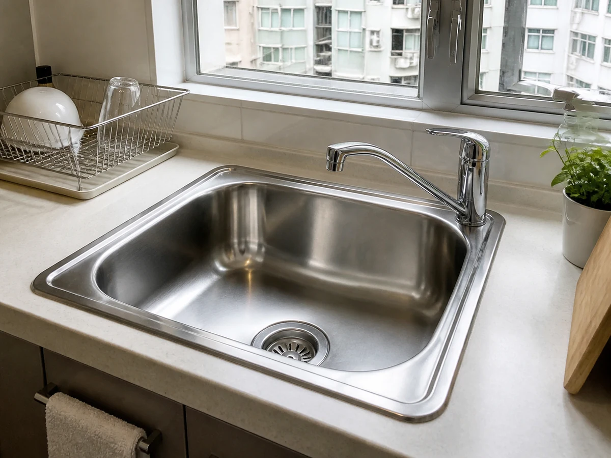 Clean stainless-steel kitchen sink with a clear drain and dry tap