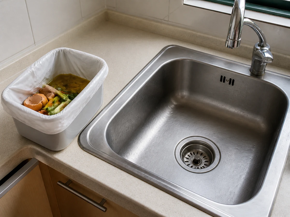Washing fat and food scraps down the drain — Collect solids and fat into the bin before washing the sink.